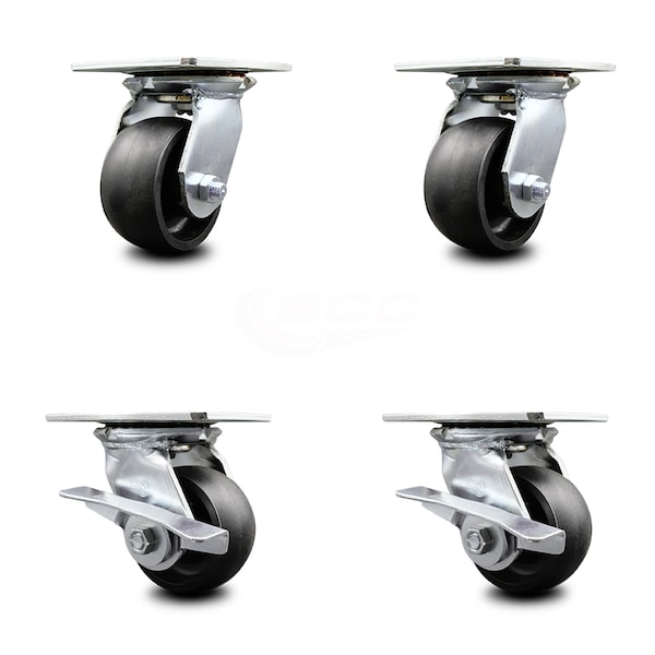 4 Inch Glass Filled Nylon Swivel Caster Set with Ball Bearings 2 Brakes SCC